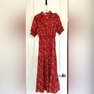 MAX STUDIO Red Floral Tiered Midi Dress, size Large